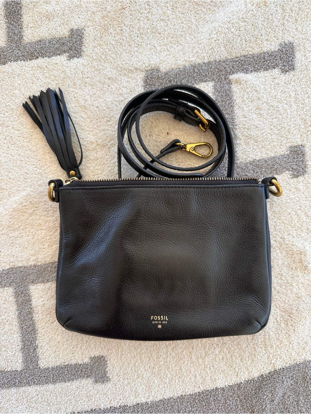 Fossil Black Leather Crossbody with Tassel and Gold Hardware